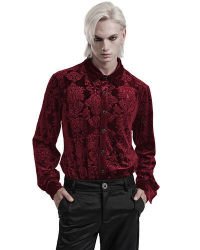 Punk Rave Mens Gothic Aristocrat Embossed Velvet Damask Shirt - Red - Picture 5 of 13