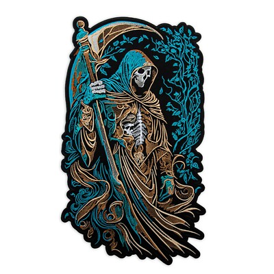 Back Patch Grim Reaper. Death In Red Hood With A Scythe In His