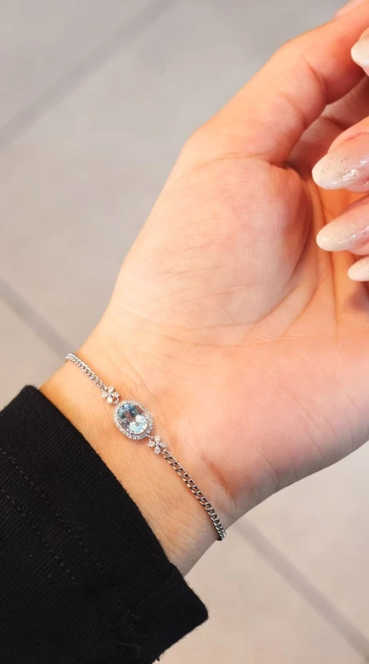 Браслет из 18-каратного белого золота с натуральным аквамарином и бриллиантами, синий драгоценный камень - Изображение 4 из 4