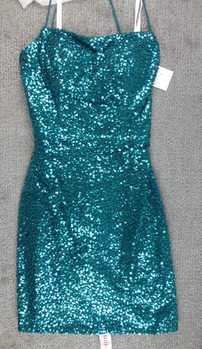 Hello Gorgeous Dancing Queen Jewel green sequin v neck mini dress NWT SZ