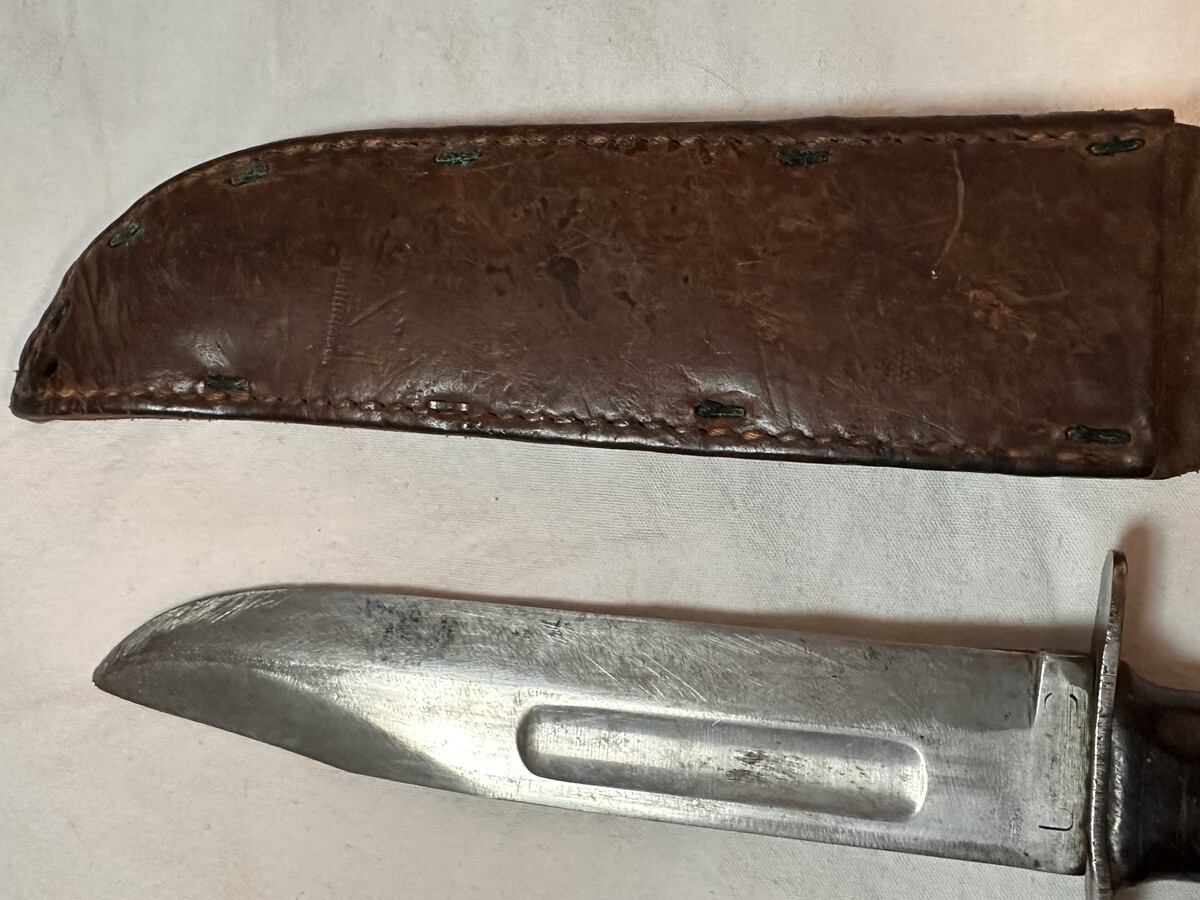 Vintage K Bar Knife and Leather Sheath Early Knife with Peened Thick