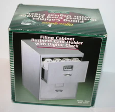 Office Genius Mini Filing Cabinet Business Card Holder w/Digital LCD Clock Gray