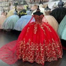 Red Shiny Quinceanera Dresses With Cape Ball Gown Sleeveless Gold 3D Bow Corset
