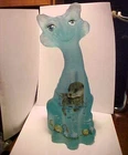 11" Fenton Aqua Blue Satin Art Glass Hand Painted OTTER Alley Cat Figure # 40/43