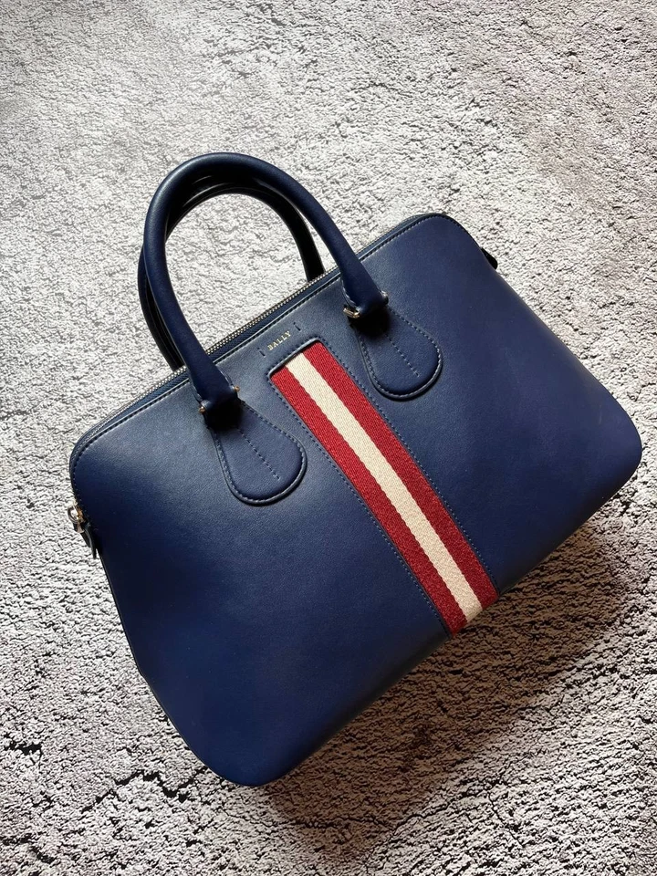 Bally Navy Blue Leather Bag with Red Stripe - Image 2 of 4