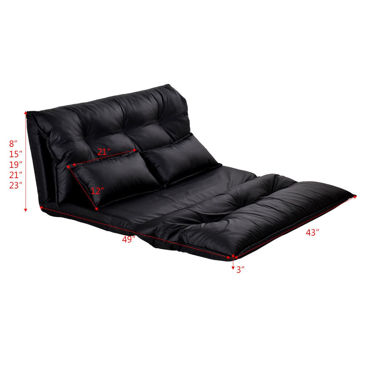 PU Leather Foldable Modern Leisure Floor Sofa Bed Video Gaming 2 Pillows Black