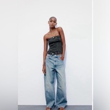 Zara Corset Style Denim Top Black Charcoal Strapless Gorpcore Boho Sz Large NWT
