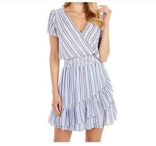 Michael Kors White Blue Asymmetrical Tiered Midi Dress Wrap V-neck Sz M