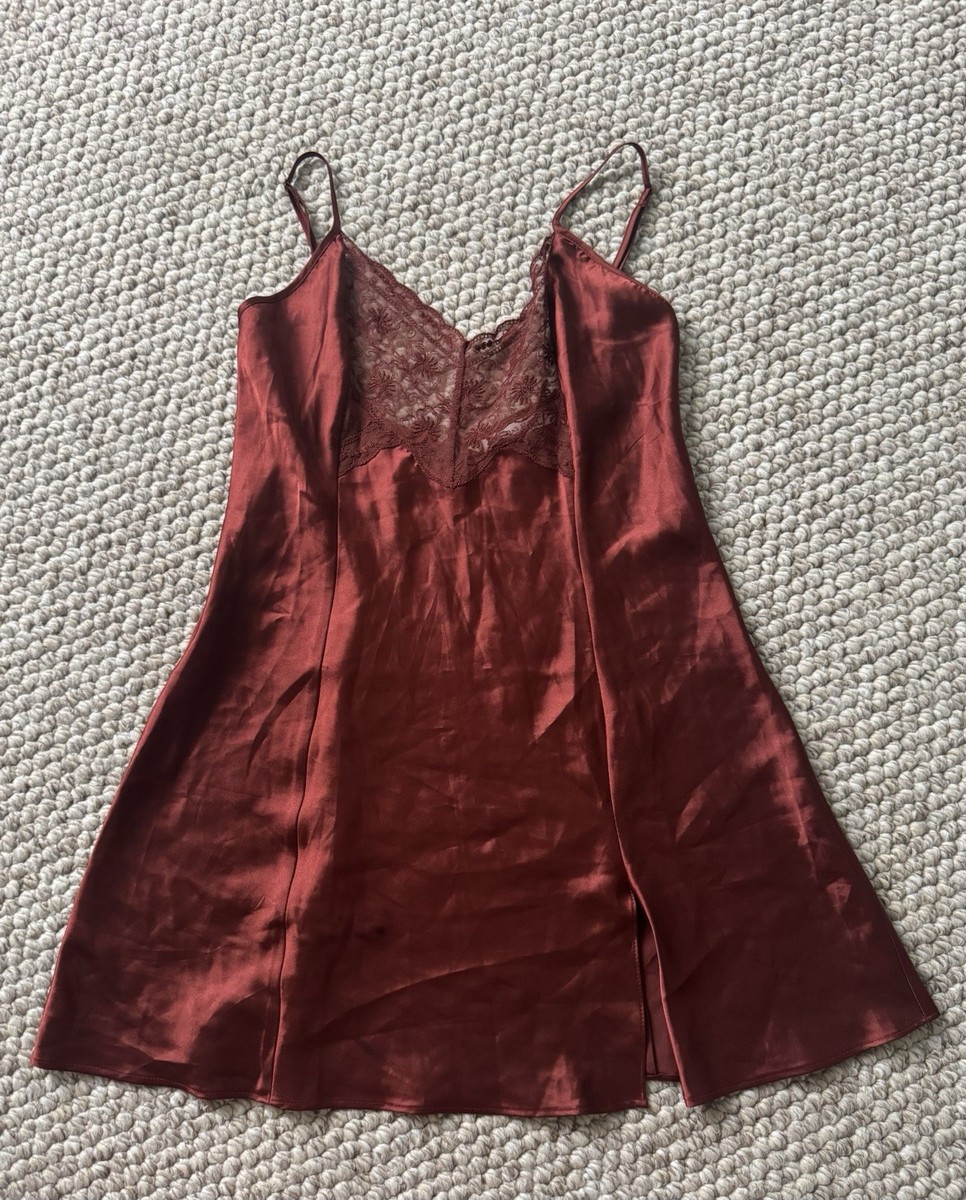 VINTAGE Victoria's Secret Copper Lace Satin Chemise Slip Nightie