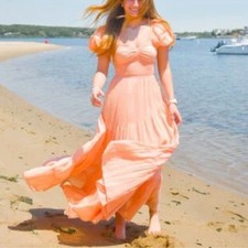 NWOT FREE PEOPLE Sundrenched Smocked Puff Sleeve Maxi Dress color orange sz M