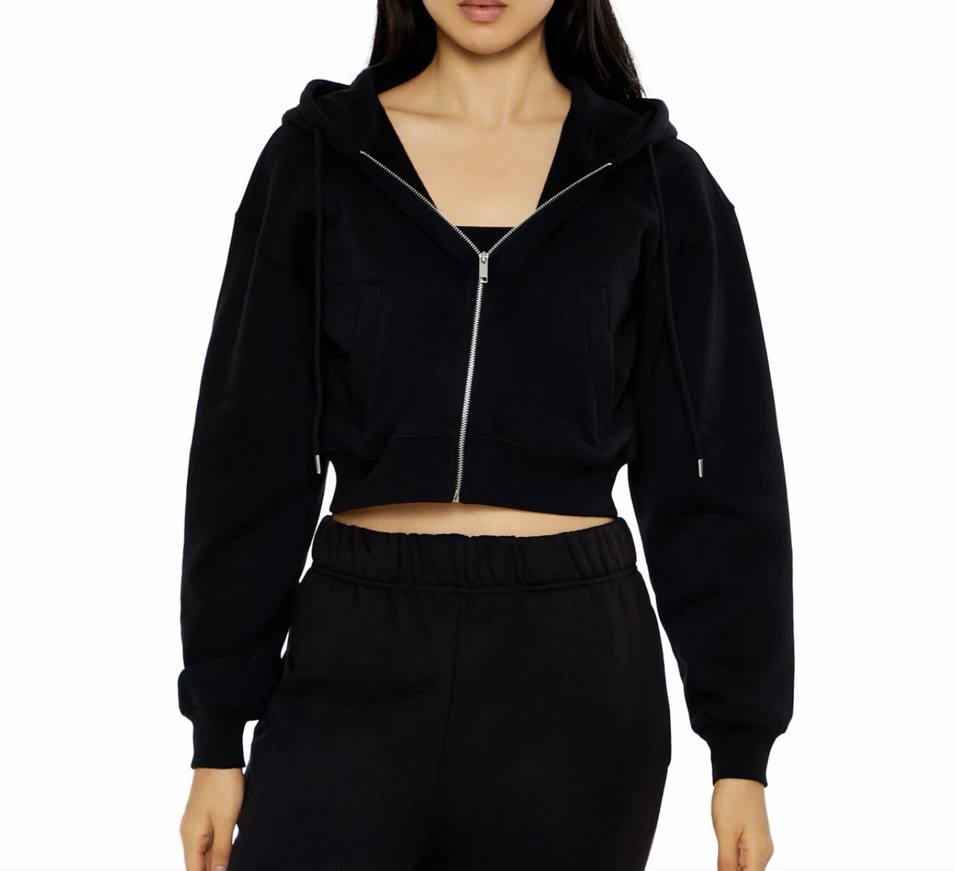 Forever 21 Black Cropped Zip-Up Hoodie Drop Shoulder Size Large