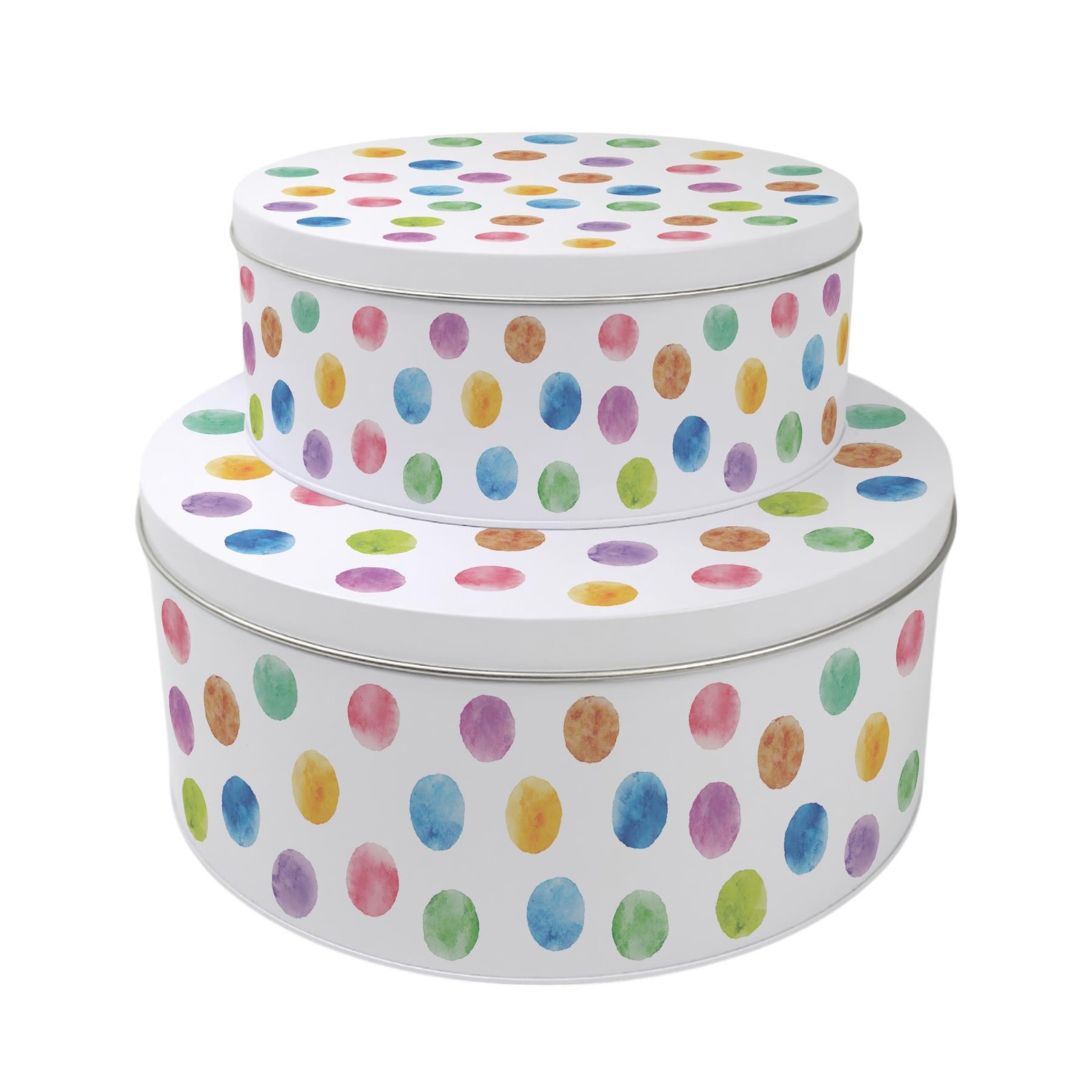 Rainbow Polka Dots Round Cake Tin Set - Metal Storage Baking Gifts Set of 2