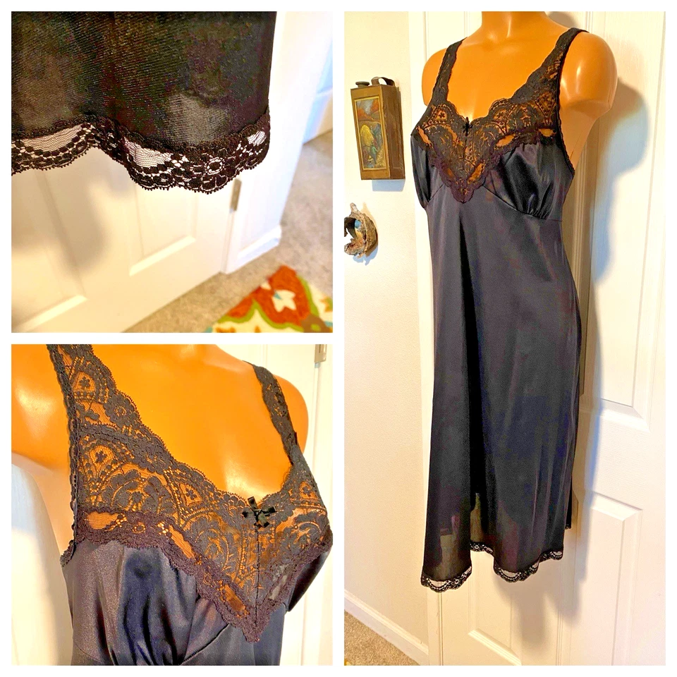 DE COLECCIÓN AÑOS 70 JET NAILON NEGRO CON CORPIÑO DE ENCAJE Y RIBETE DESLIZAMIENTO COMPLETO TALLA 40 (GRANDE) Foto 2 de 4