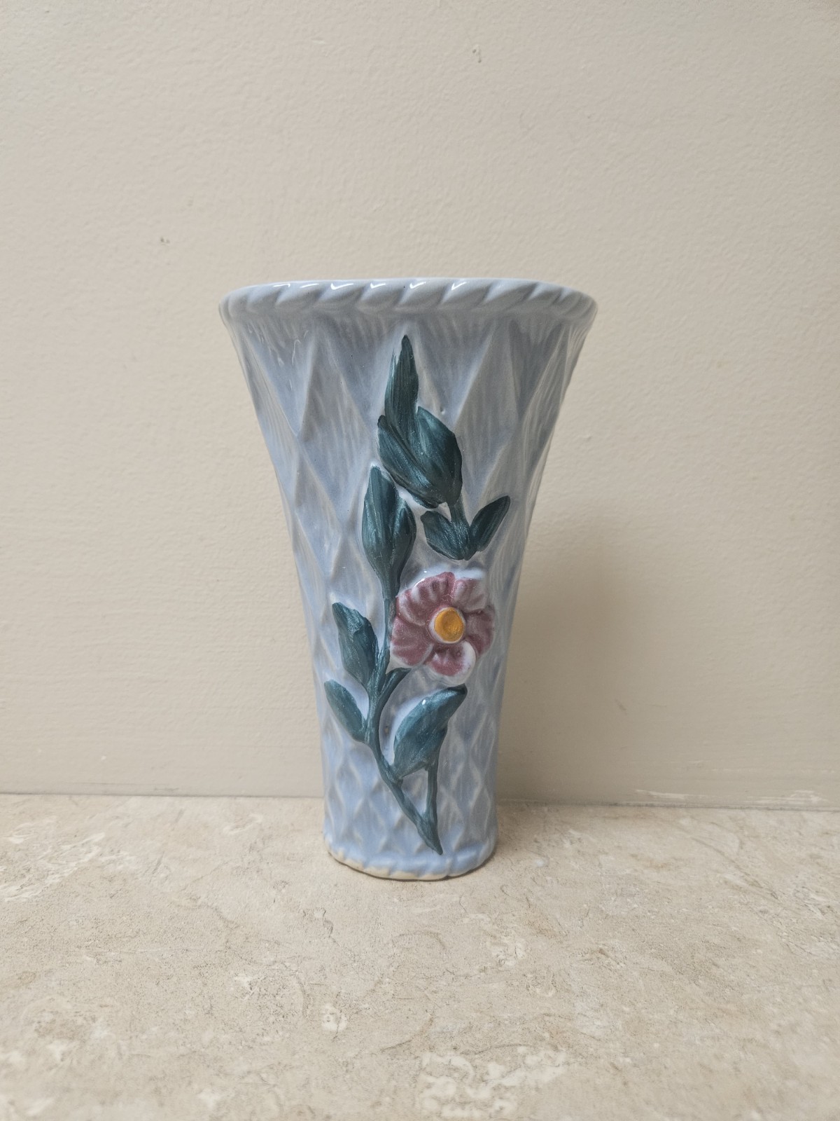 Vintage Blue Design Vase w/ Pink Flower Wall Pocket