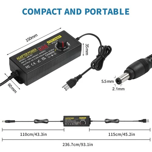 Meiyue Adjustable Power Supply 3V-24V 5A 120W with 14 DC Tips for LED Strip image 5