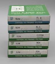Five Tiffen 52mm Filters FL-B, FL-D, CC05M, and two 80A.