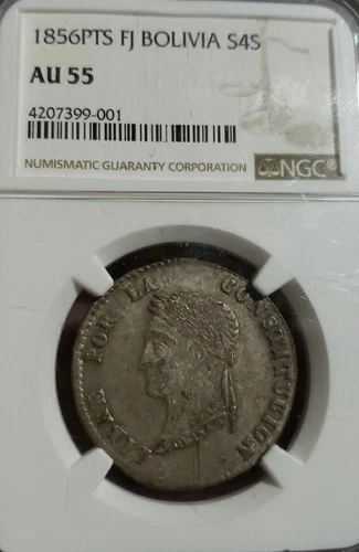  1856-PTS. Bolivia, FJ Silver 4 Soles NGC AU-55. Rare Certified 