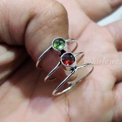 Bague en argent sterling 925 grenat et péridot multi-tailles grenat et pérido... - Photo 1/4