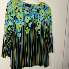 Bob Mackie Wearable Art Blouse LARGE Black Green Floral Print
