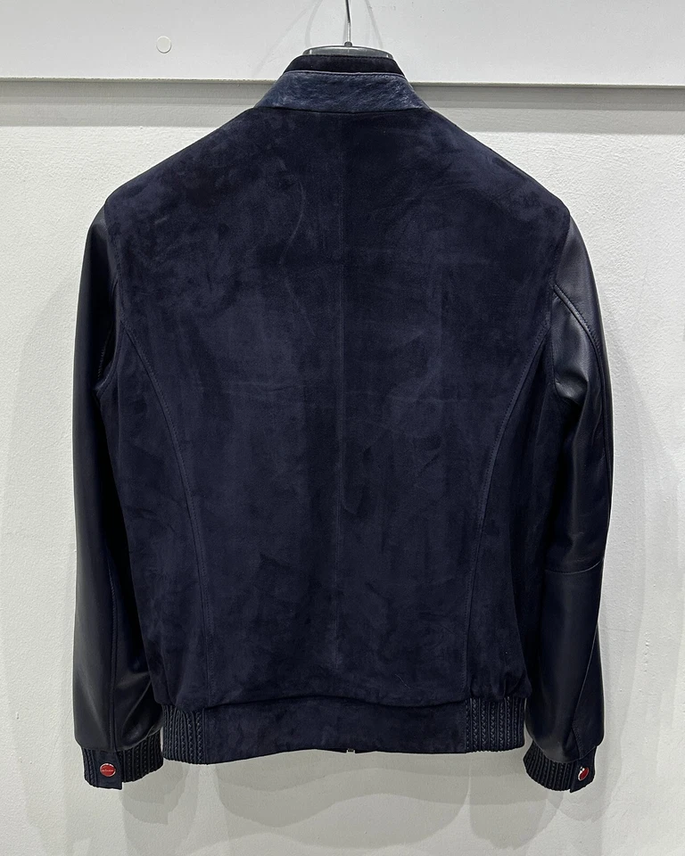 Kiton Genuine Suede Navy Blue Leather Men's Luxury Bomber Jacket - Image 4 of 4