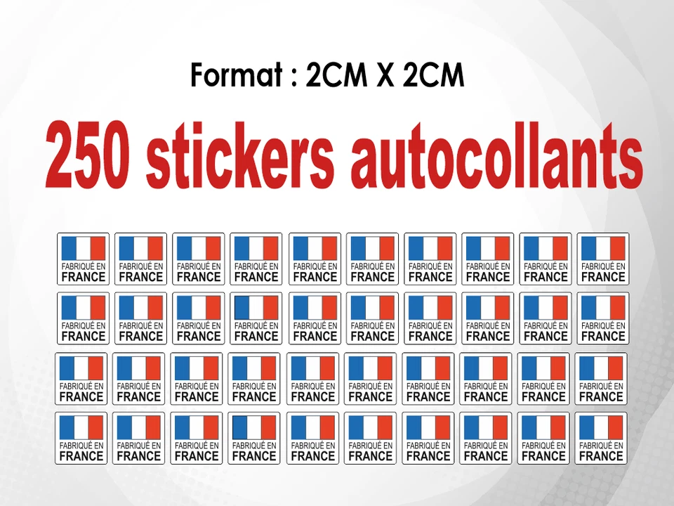250 stickers autocollant (2 CM) : étiquette Made in / Fabriqué en France (MAM014