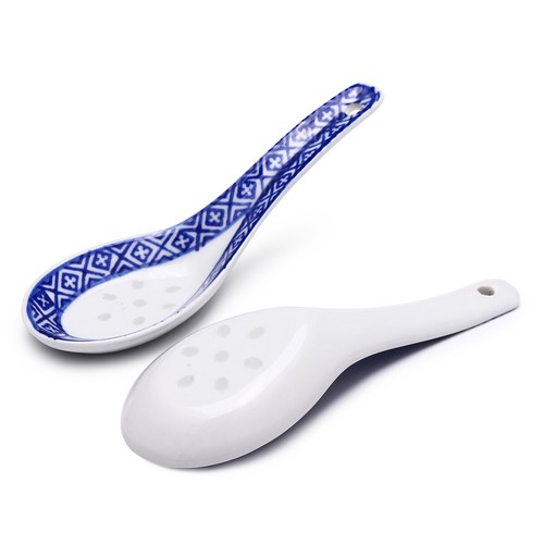Juego de 5 cucharas soperas chinas de porcelana cerámica con motivos azules y blancos - Imagen 6 de 9
