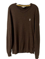 Men's Pullover V Neck Sweater Sz L Cotton Knit Stretch Brown Preppy