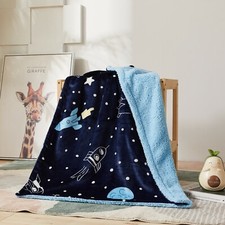 Printed Baby Kids Soft Warm Flannel Fleece Kiddie Throw Sherpa Blanket, Rockets