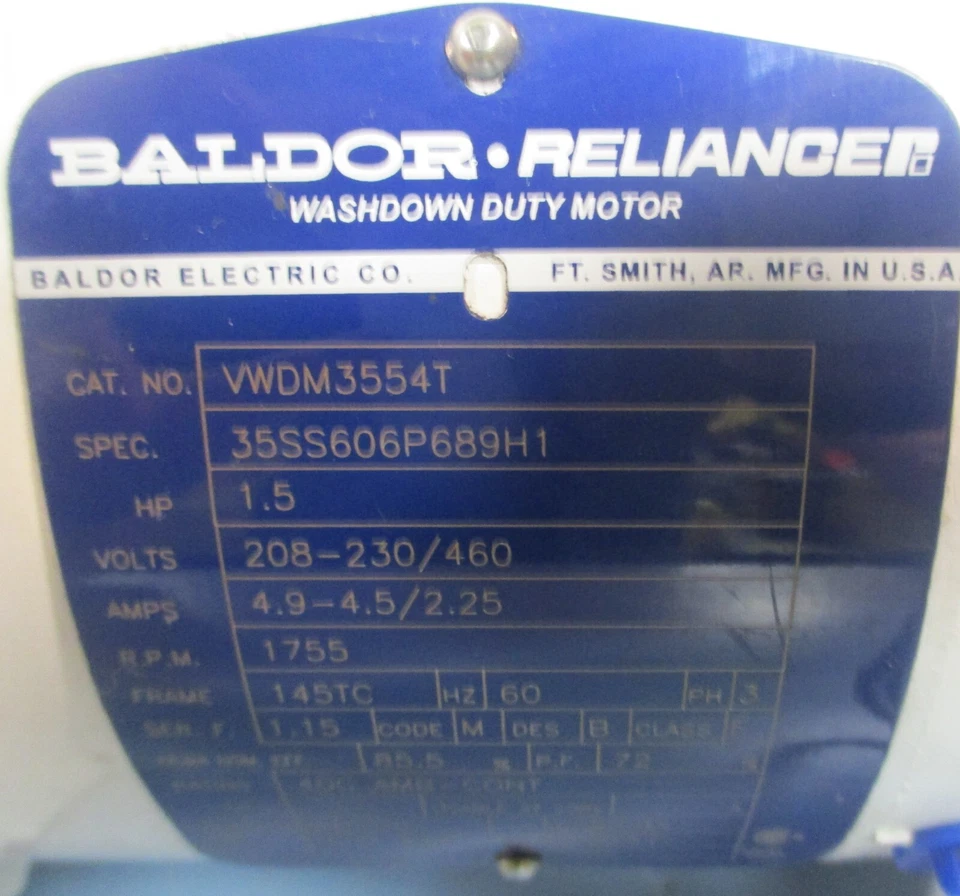 Baldor Reliance VWDM3554T Washdown Duty Motor 35SS606P689H1 1.5HP 7/8" Shaft Dia - Image 4 of 4