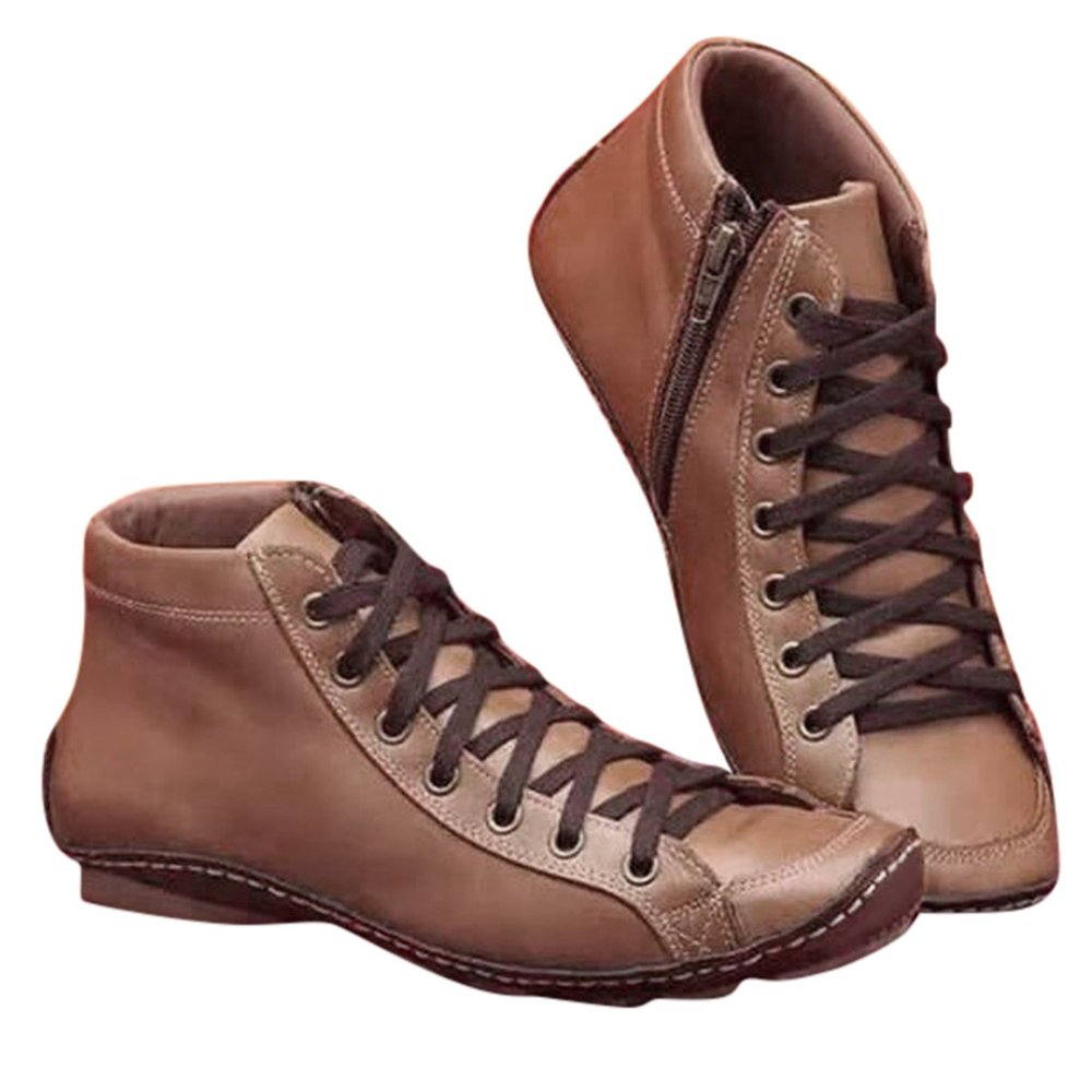 Women'S Casual Flat Leather Retro LaceUp Boots Side Zipper round Toe