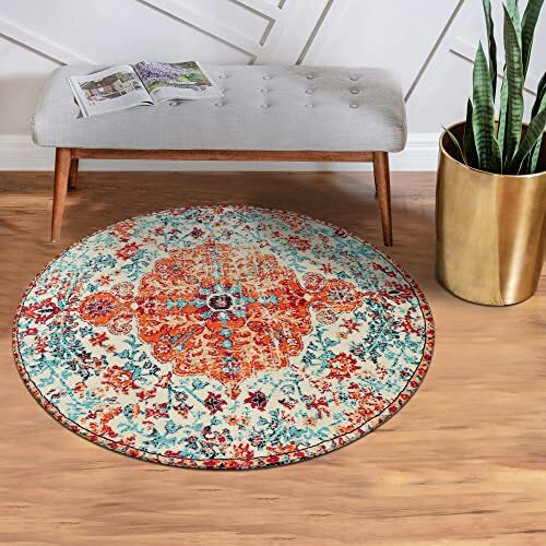 Bohemian Floral Medallion Round Rug - 3Ft Oriental 3' Round Orange/Multi - Picture 5 of 7