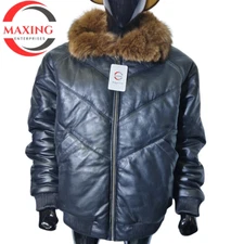 Men's Black Leather V-Bomber Jacket with Genuine Fox Fur Collar - Stylish Bubble