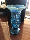 Vtg Fenton Glass Blue Opalescent Miniature Cornucopia Hand Bud Vase Toothpick