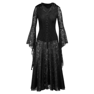 Lady Black Gothic Lace Dress Sheer Hoodie Flared Sleeve Lace-up Lolita  Cosplay | eBay