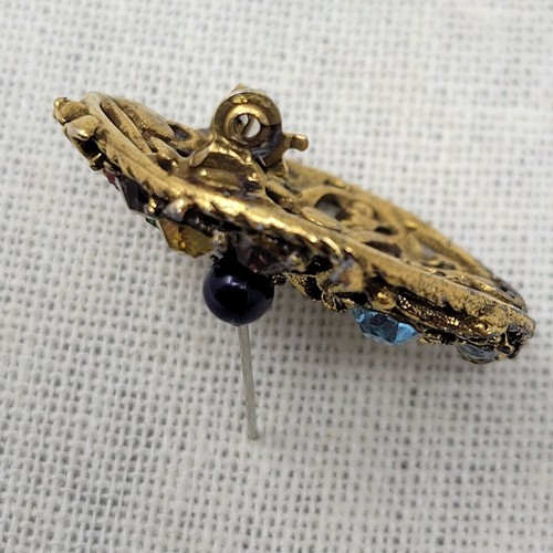 Vintage Costume Jewelry Multicolor Rhinestone Brooch Pin Round Floral Pin - Picture 10 of 15
