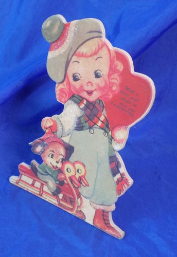 Valentines Day Retro Stand Up Card w/ Girl & Puppy on Sled - Picture 3 of 3
