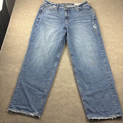 American Eagle Baggy Jeans Sz 18S Stretch Waist Highest Rise Frayed Hem NWT