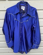 VTG 70s Rockmount Ranch Wear Blue Silky Pearl Snap Western Cowboy Shirt Men’s Md