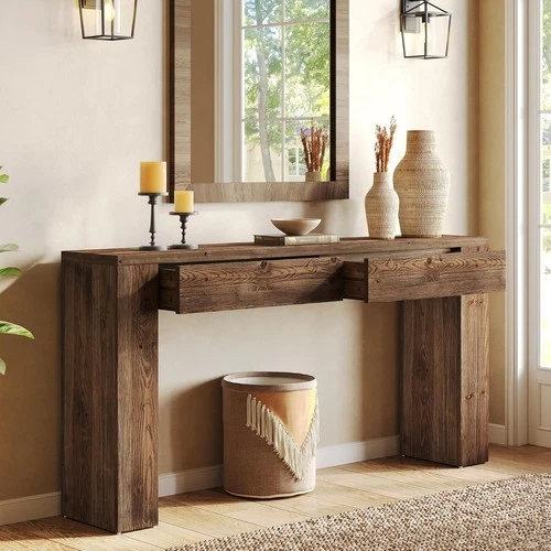 63-Inch Farmhouse Entryway Solid Wood Console Table with 2 Drawers for Hallway