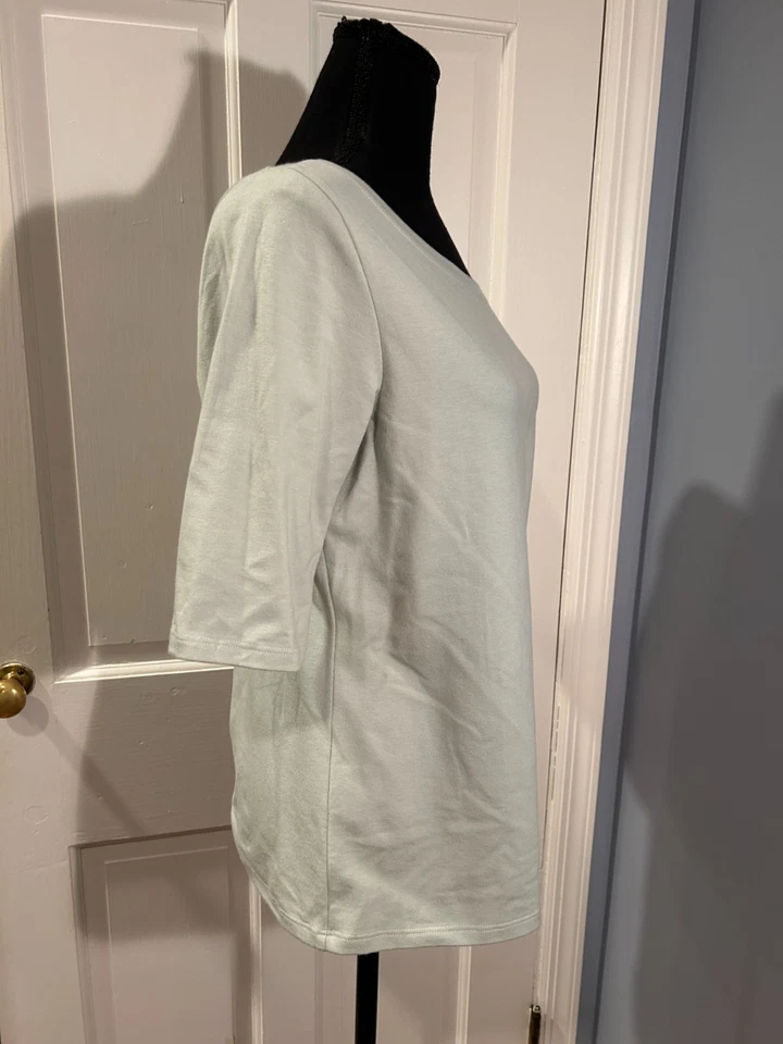 Jersey elástico de algodón Eileen Fisher cuello redondo, camisa verde niebla, mediana, nueva con etiquetas Foto 3 de 4