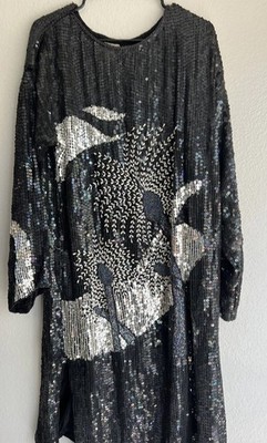 Baba brand black sequin long evening Maxi Women s Sz L dress of 100% silk
