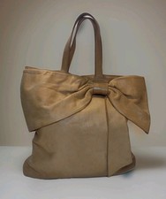 Authenticated Red Valentino Bow Leather Tote Bag Tan Shoulder Bag w/ Pouch