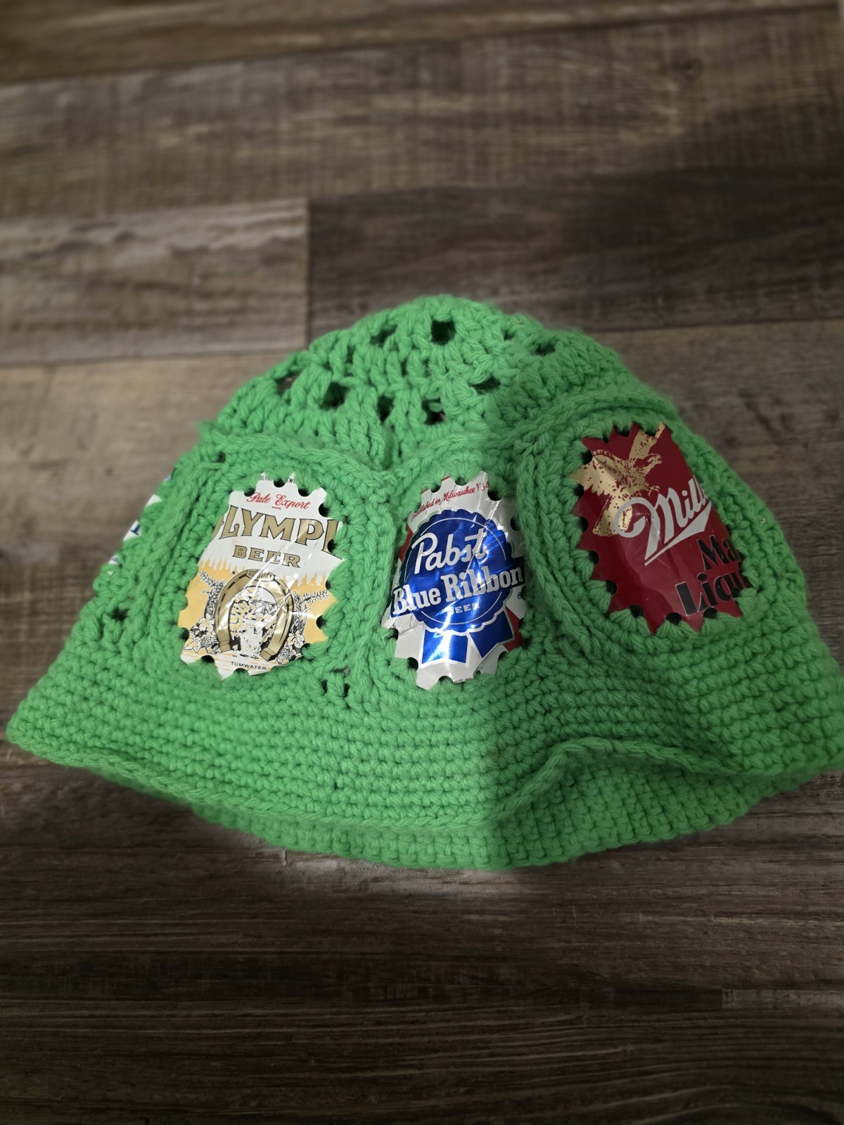 Crocheted  Beer Can Knit Bucket Vintage Party Hat Green
