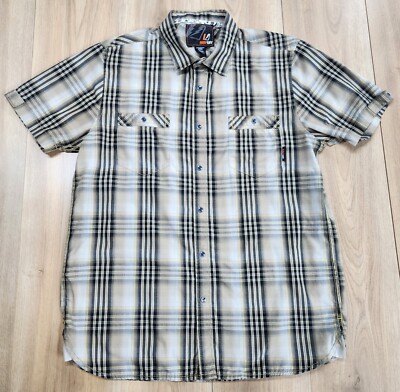 Amplify Button-Down Shirt Mens Sz Large, Beige/Yellow/Black Plaid, Chest Pockets