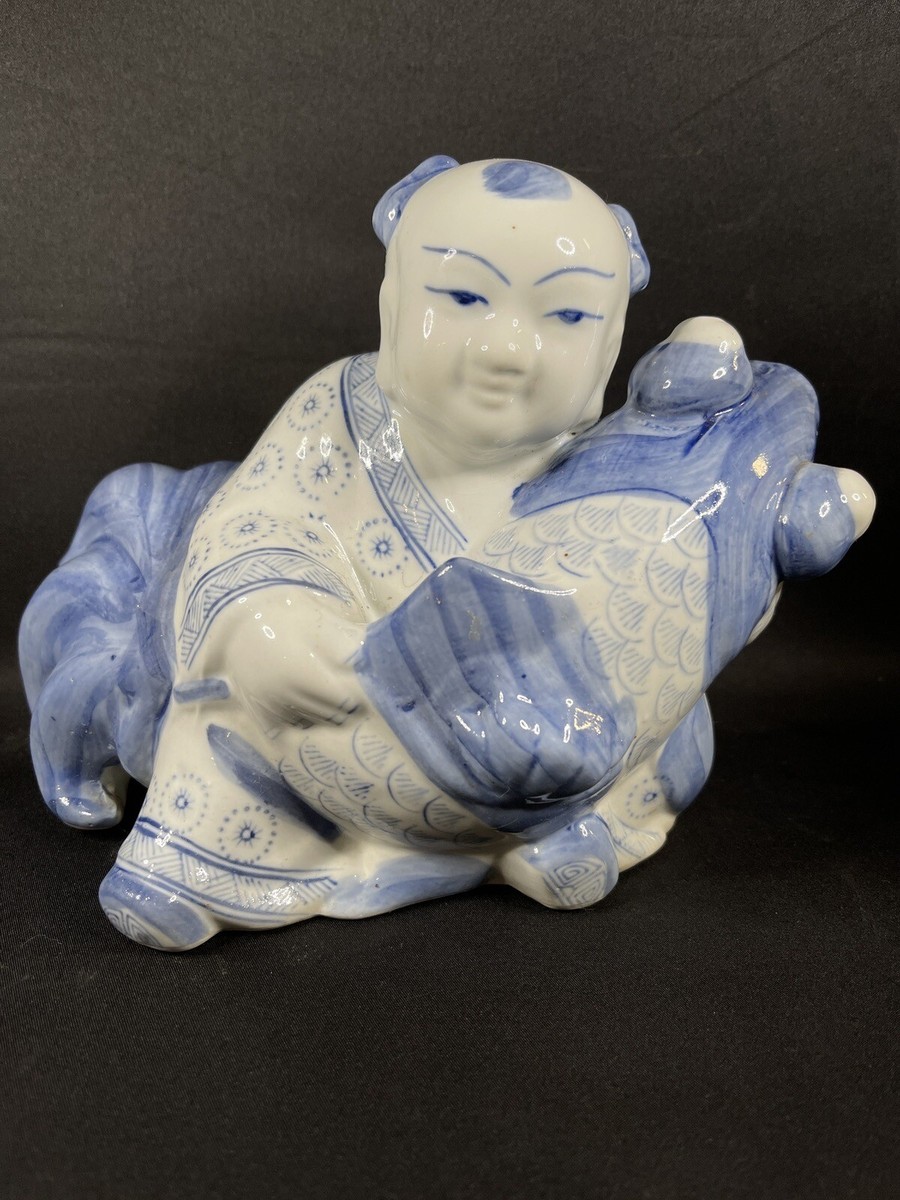 Vintage Chinese Porcelain Asian Boy with Koi Fish Figurine Blue