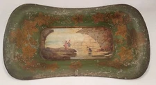 Antique circa 1850 Toleware with Italian Painting River Scene Washing Clothes