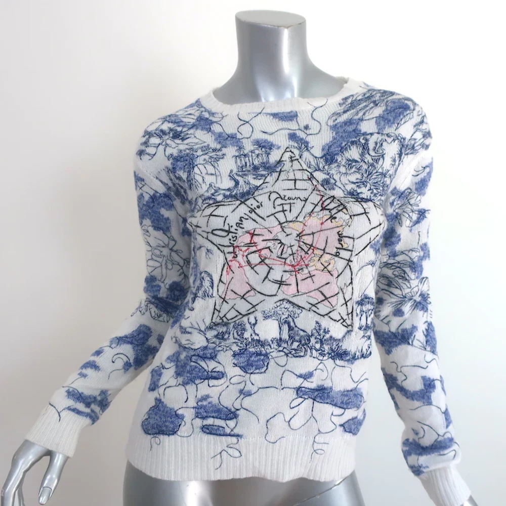 Christian Dior Around the World Embroidered Cashmere Sweater White
