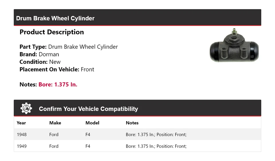 Para 1948-1949 Ford F4 Dorman cilindro de roda de freio a tambor dianteiro - Imagem 2 de 3