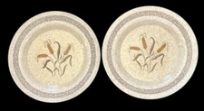 SET OF 2 Homer Laughlin SPECKLED WHEAT 10.25" Dinner Plates, Beige w/Brown Band