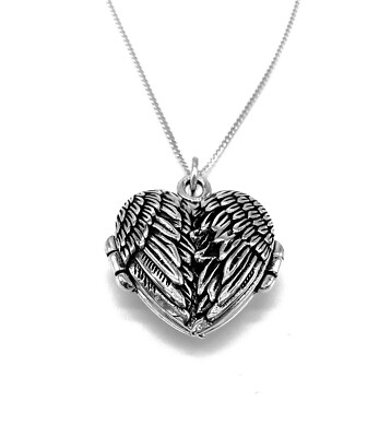 HERZ Foto Medaillon Öffnung Engelsflügel Anhänger Sterlingsilber an 18'' Panzerkette